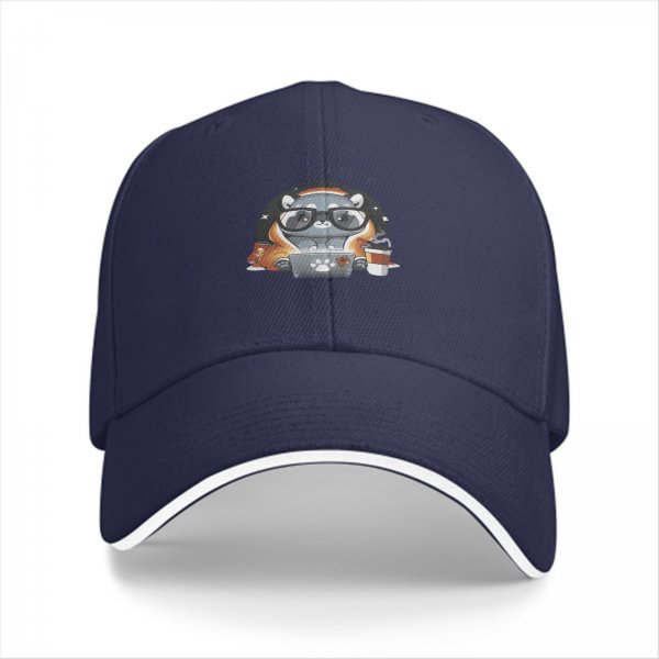 Black Baseball Cap With Cute Raccoon Working On Laptop Print