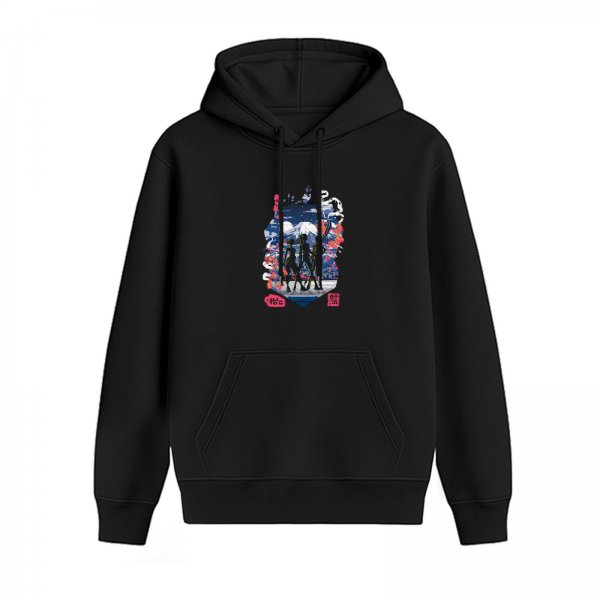 Black hoodie with anime-style mountain and figure graphic print