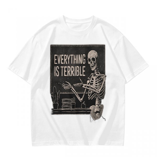 Olive t-shirt with skeleton teacher and 'Everything Is Terrible' print