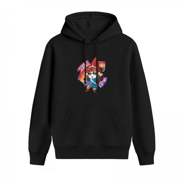 Black hoodie with chibi fantasy character graphic print
