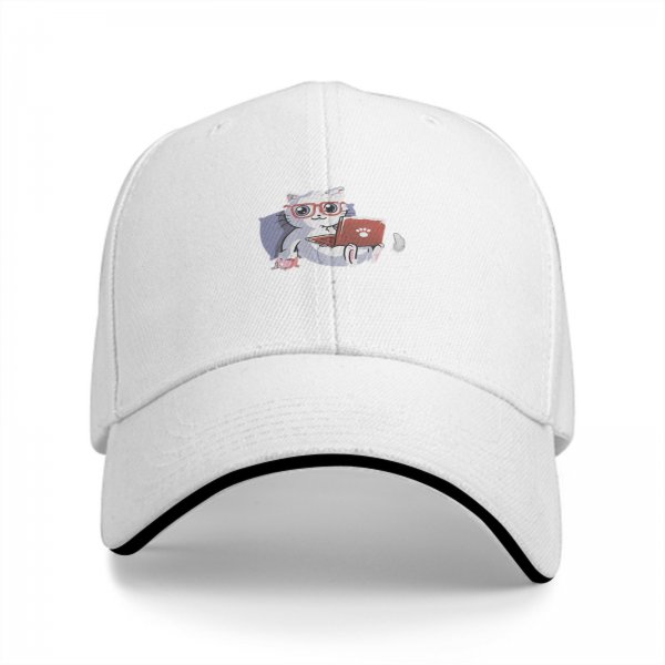 Black Baseball Cap With Cute Working Cat Graphic Print