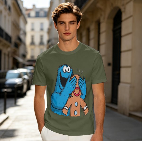 Olive T-shirt with Cookie Monster covering gingerbread man’s eyes