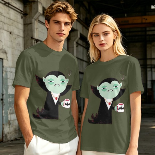 Olive T-Shirt With Tired Vampire Holding Bat Mug Graphic