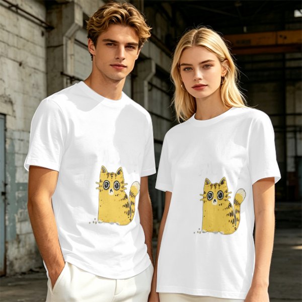 Olive Green T-Shirt With Surprised Yellow Tabby Cat Graphic