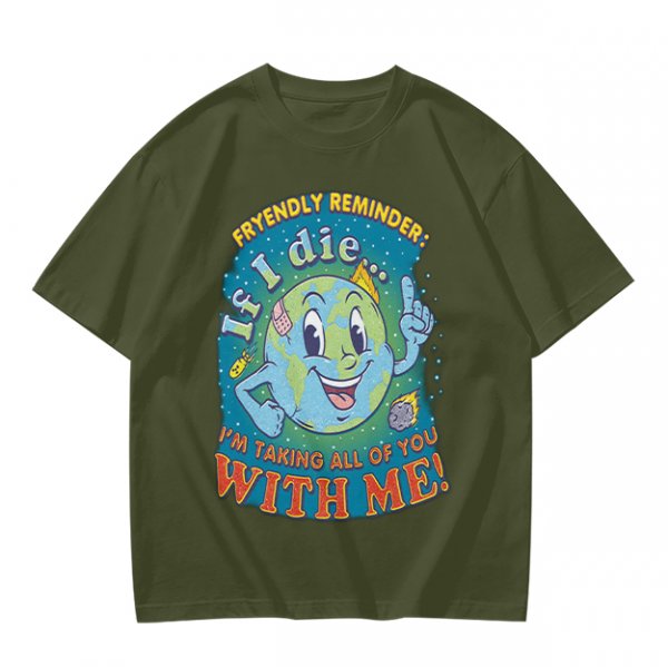 Olive t-shirt with cartoon earth 'friendly reminder' print