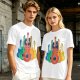 Olive T-Shirt With Colorful Cat Guitar Illustration