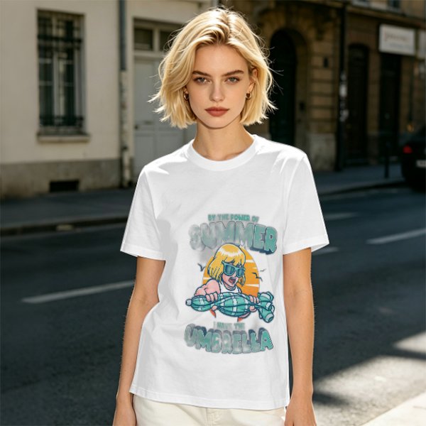 Olive Summer Umbrella Graphic T-Shirt with Retro Beach Illustration