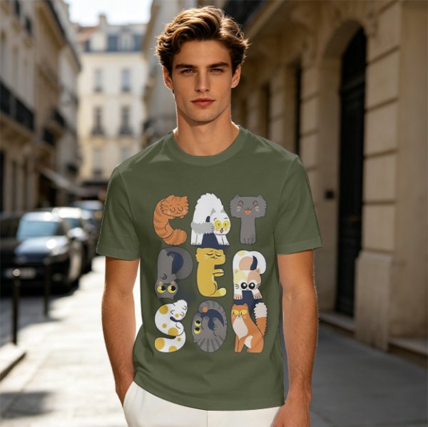 Olive T-Shirt With Cute Cat Letter Graphic Design