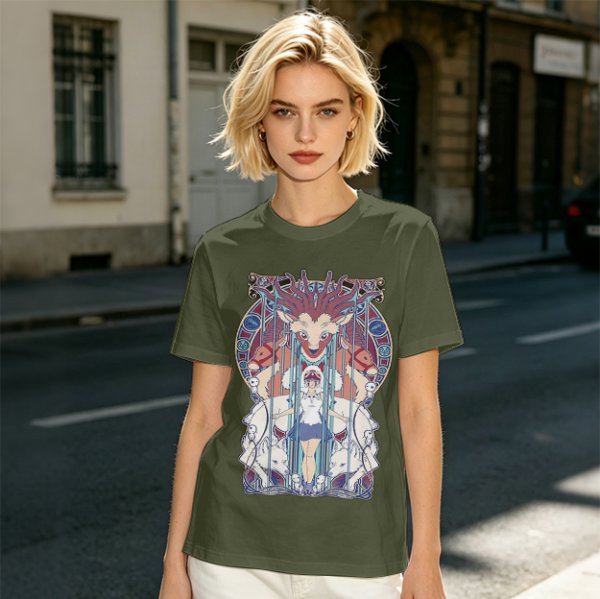 Olive green t-shirt with stained glass style forest spirit anime artwork