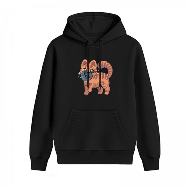 Black Hoodie With Cute Orange Tabby Cat Holding Blue Ball Artwork
