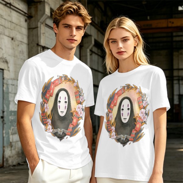 Spirited Away No-Face Graphic Tee with Cherry Blossoms and Lanterns