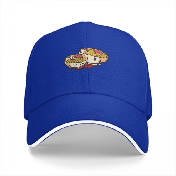 Black baseball cap with cute kawaii ramen bowls graphic