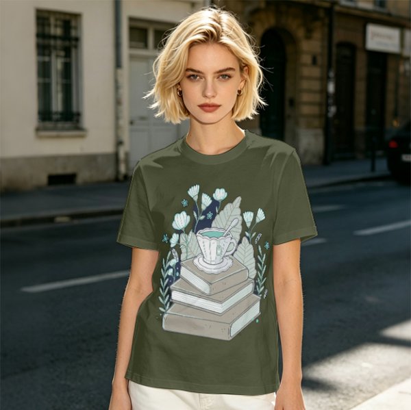 Olive T-Shirt With Stacked Books Teacup Floral Print