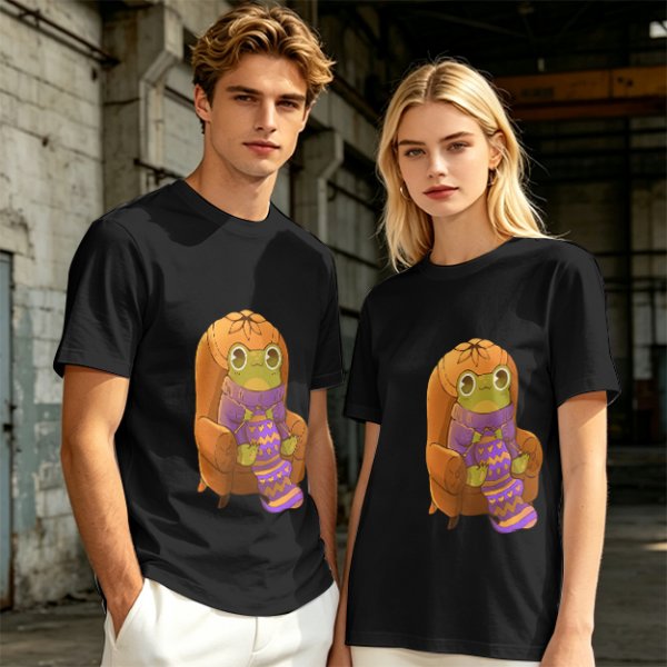 Olive Green T-Shirt with Cozy Frog in Pumpkin Hat Graphic