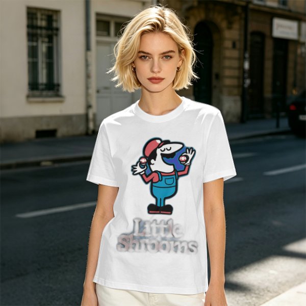 Olive T-shirt with Cartoon Character Holding Mushrooms Print
