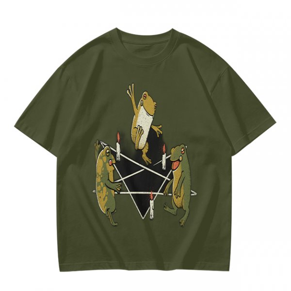 Olive T-Shirt With Frog Pentagram Ritual Graphic Print