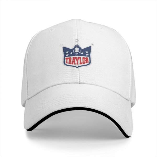 Black baseball cap with TRAYLOR crown shield logo and microphone design
