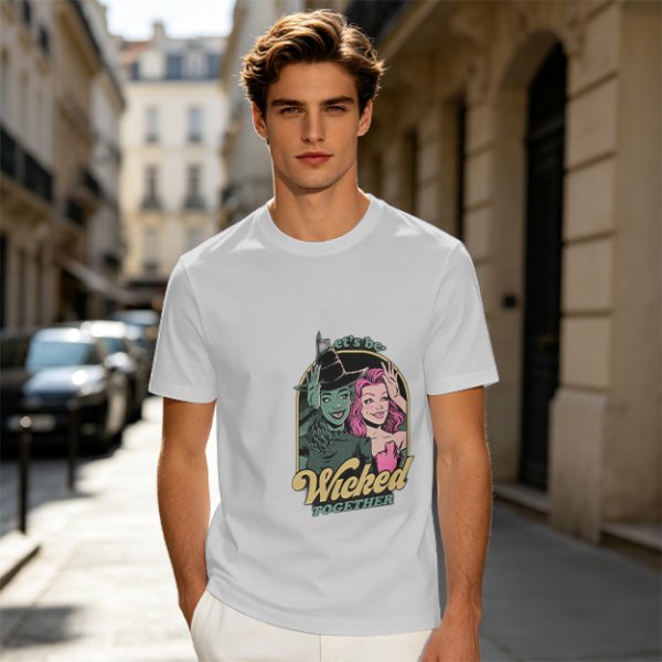 Olive green graphic t-shirt with 'Let's be Wicked Together' witch design