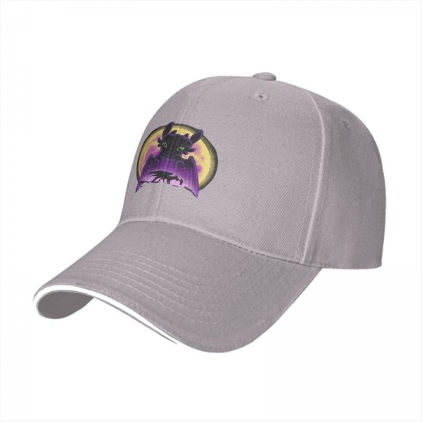 Black baseball cap featuring Toothless dragon and moon graphic