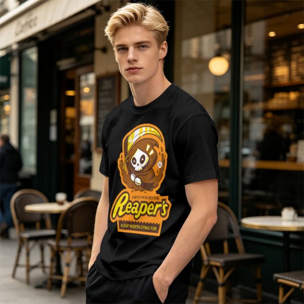 Olive green graphic t-shirt with cute reaper coffee themed print