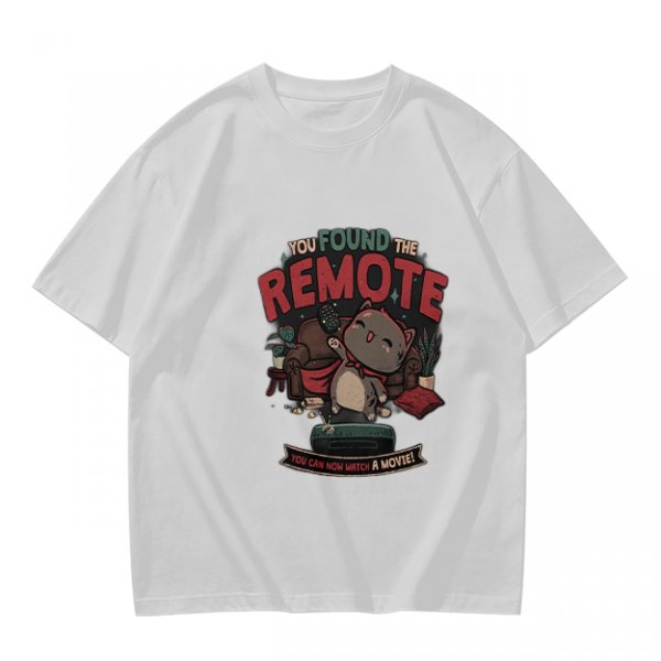 Olive t-shirt with cat graphic and 'You Found The Remote' movie text