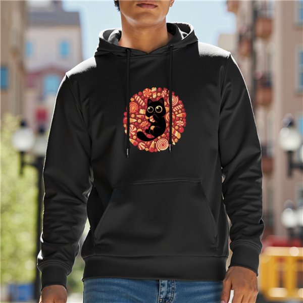 Black Hoodie with Cute Black Cat Surrounded by Halloween Candy Print