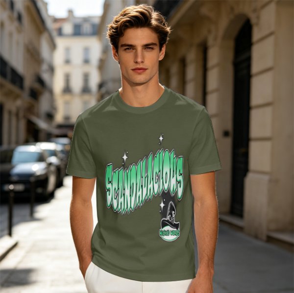 Olive green graphic t-shirt with 'Scandalacious' print and witch hat design