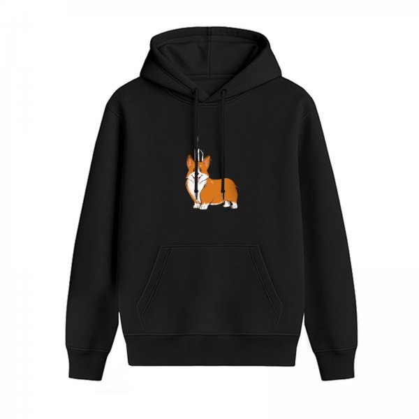 Black Hoodie With Cute Corgi Dog Graphic Print