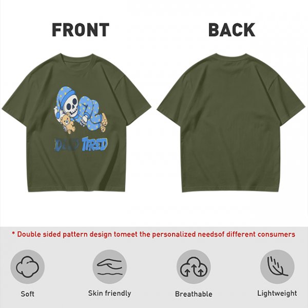 Olive T-Shirt with Sleeping Skeleton in Pajamas 'Dead Tired' Print