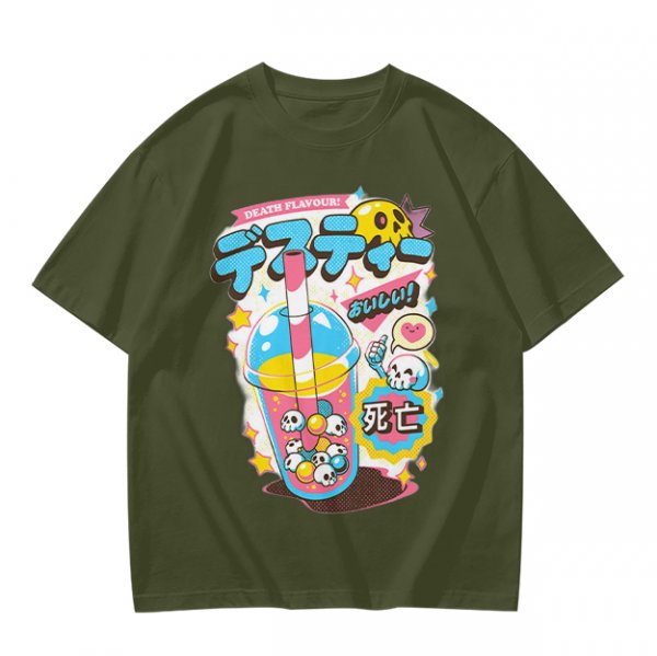 Oversized Graphic Tee with Death Flavor Bubble Tea Print