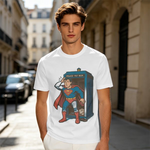 Olive T-shirt with Superman emerging from TARDIS police box graphic