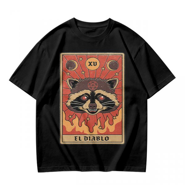 Olive T-Shirt With Raccoon El Diablo Tarot Card Print