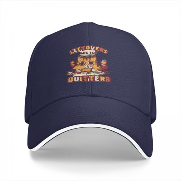 Black baseball cap with 'Leftovers Are For Quitters' cat graphic