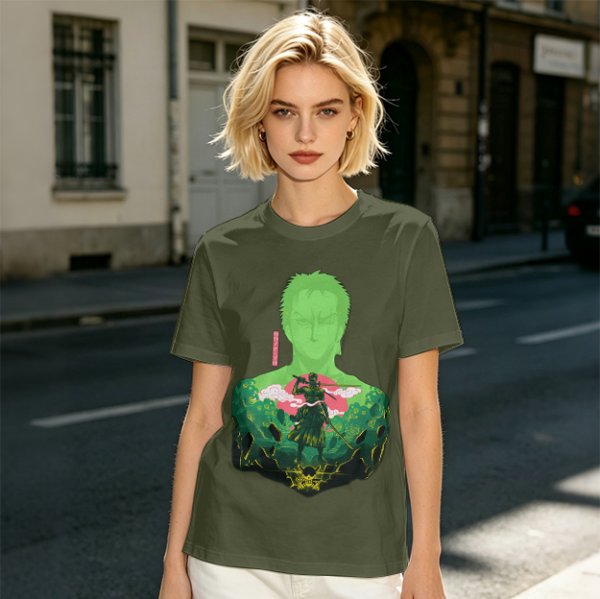 Olive Anime T-Shirt With Samurai Warrior Silhouette Art