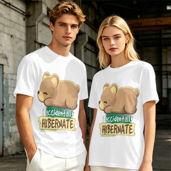 Olive t-shirt with sleeping bear and 'I accidentally hibernate' text