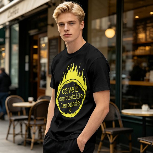 Olive t-shirt with cave's combustible lemonade flame graphic