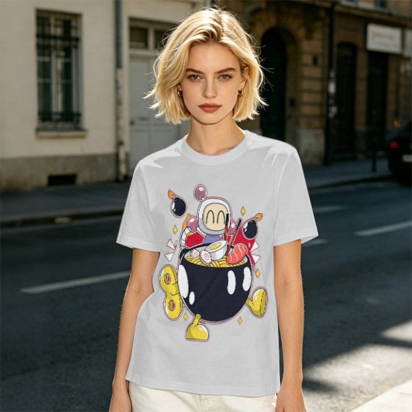 Olive T-shirt with Bomberman Character Eating Ramen Print