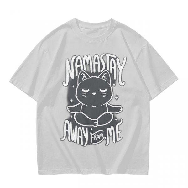 Olive green t-shirt with meditating cat and 'namastay away from me' print