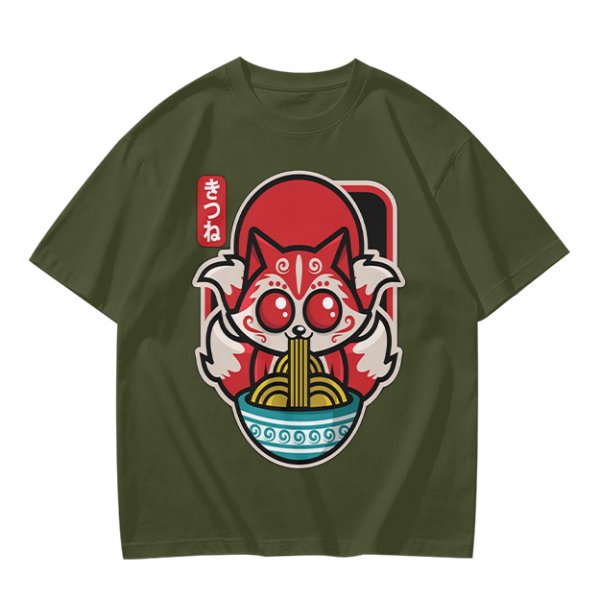 Olive t-shirt with cute kitsune fox eating ramen graphic