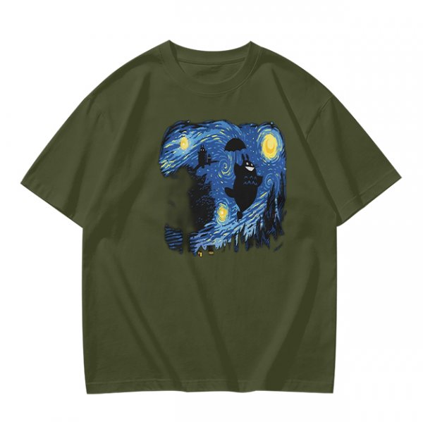 Olive T-Shirt with Starry Night Style Cat Graphic Print