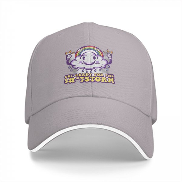 Black baseball cap with funny cloud rainbow storm graphic
