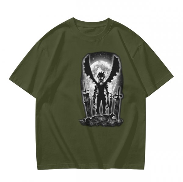 Olive t-shirt with dark anime winged warrior under full moon print