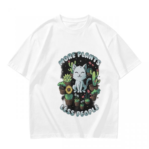 Olive T-shirt with 'More Plants Less People' Cat and Succulent Print