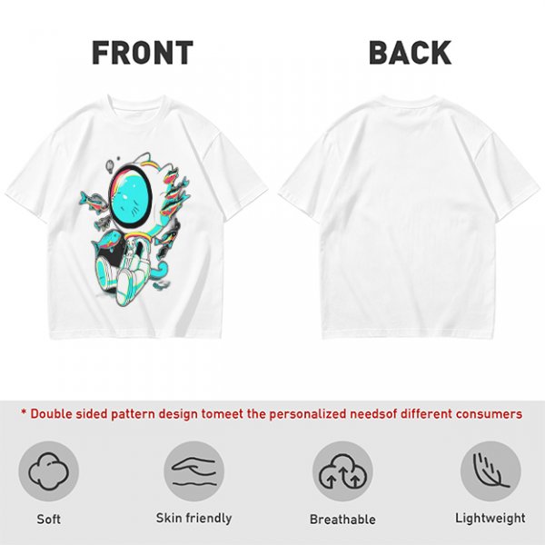 Olive T-Shirt with Astronaut Cat and Fish Graphic Print