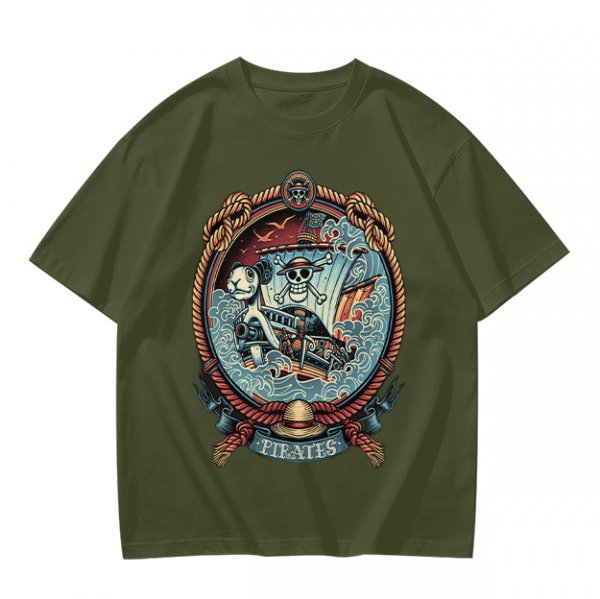 Olive Green Pirate Themed T-Shirt with Ship and Skull Graphic