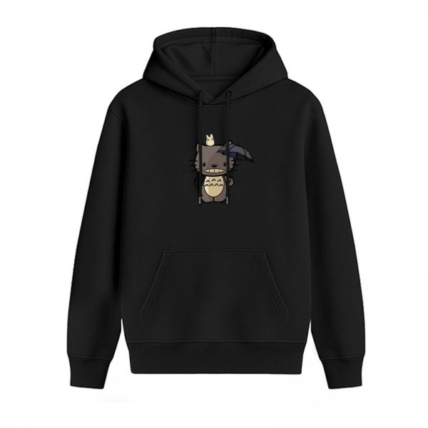Black hoodie with cute Totoro cat holding umbrella graphic