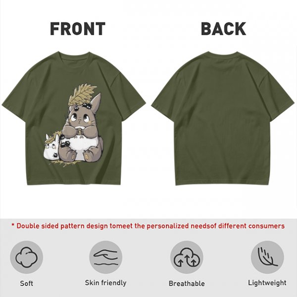 Olive T-Shirt With Cute Totoro And Soot Sprite Anime Print