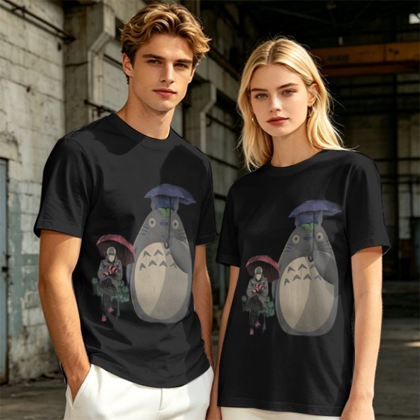 Olive T-shirt with Totoro and masked figure under umbrellas print