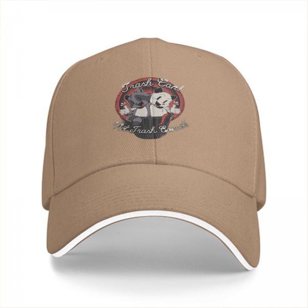 Black baseball cap with retro raccoon and cat trash can graphic