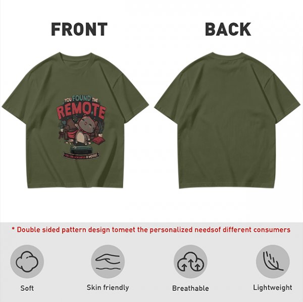 Olive t-shirt with cat graphic and 'You Found The Remote' movie text